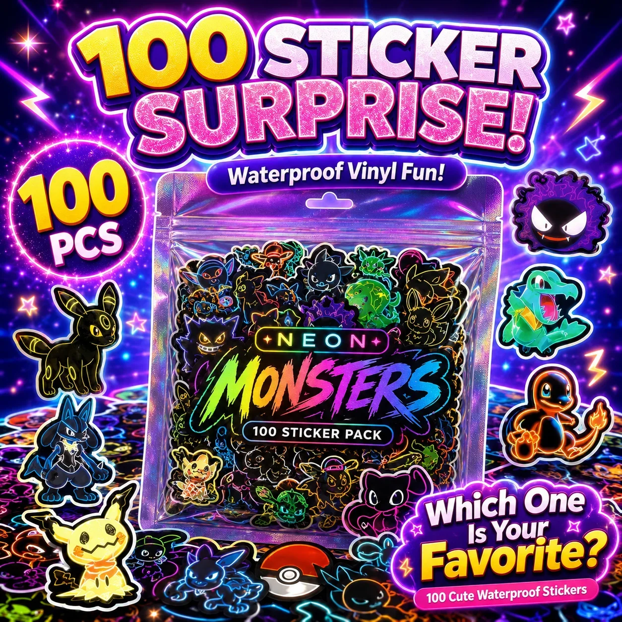 100 stuks neon Pokémon-sticker - Scrapbooking recensie en prijs